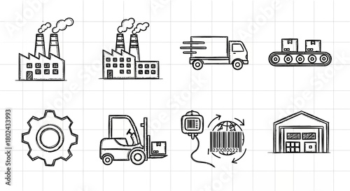 Industrial manufacturing icons featuring factories, logistics, and warehouse operations in linear style