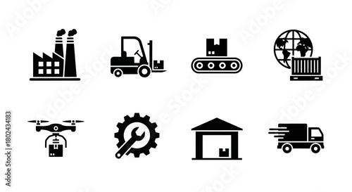 Industrial and logistics icon set: warehouse, delivery, and manufacturing symbols