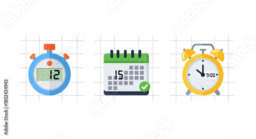 Time management icons: stopwatch, calendar, and alarm clock designs