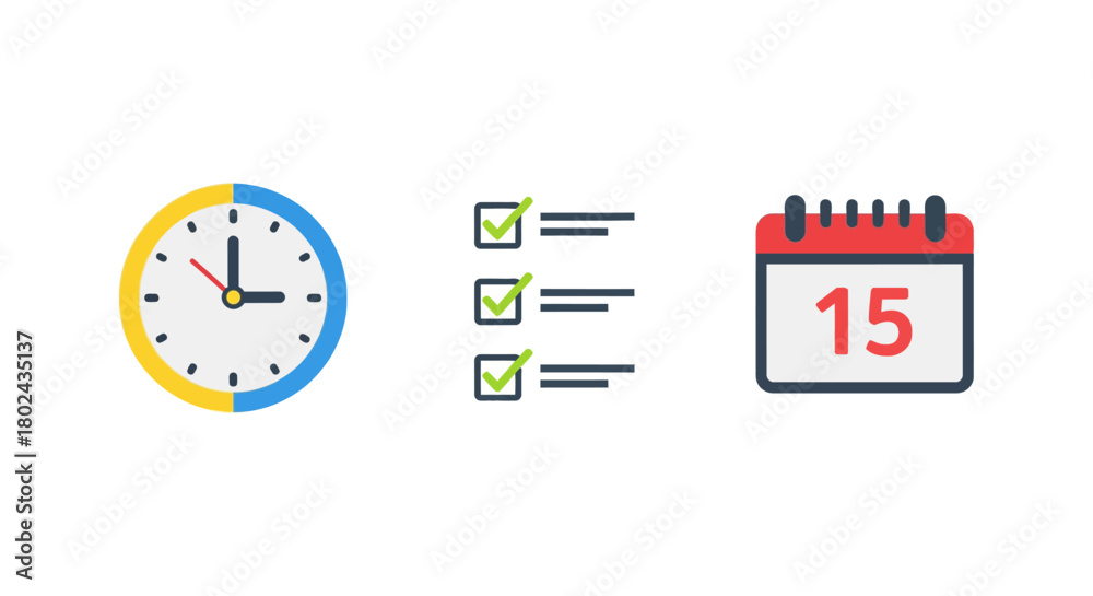 Obraz premium Time management essentials: clock, checklist, and calendar icons for productivity