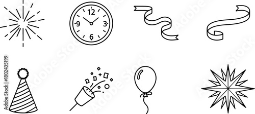 Countdown to celebration with festive elements, party hats, balloons, streamers and fireworks, signaling joy, excitement and anticipation, black and white