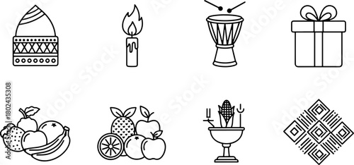 Celebrate Kwanzaa with this festive collection of symbols honoring African heritage and tradition, including gifts, fruits, and cultural objects