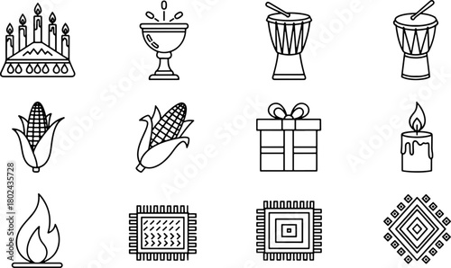 Kwanzaa celebration icons set, representing the seven principles, perfect for holiday cards, invitations, and educational materials, vector design