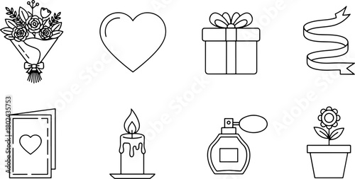 Charming line art icons for Valentine's Day and romance projects, ideal for invitations, cards, and creative designs. Celebration and love themes shine here