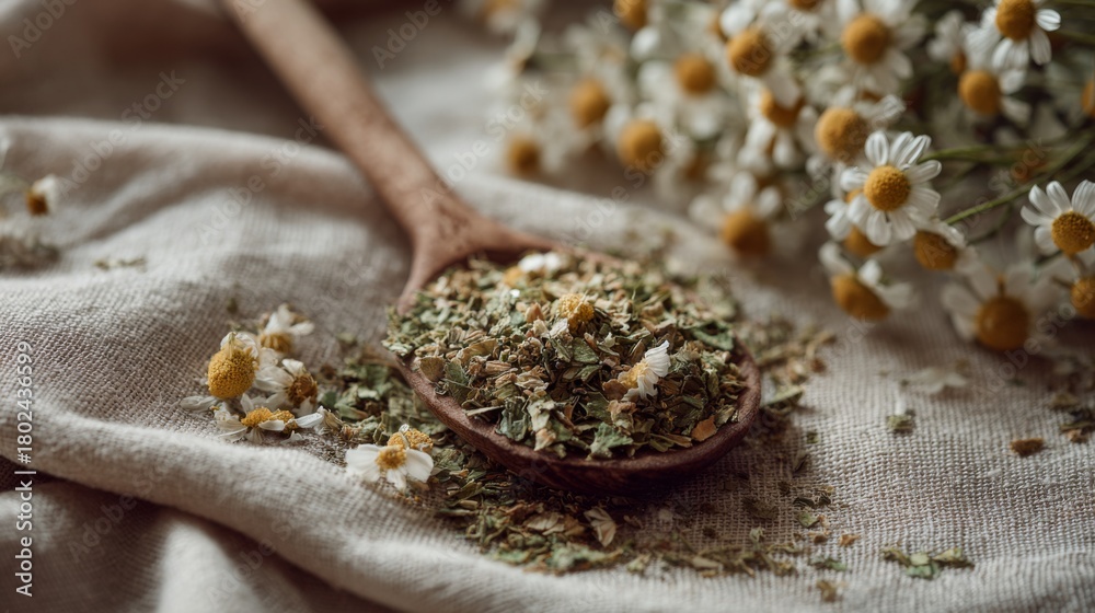 Obraz premium Aromatic Peppermint and Chamomile Herbal Mixture Ready for Brewing in Natural Setting with Dried Flowers and Wooden Spoon