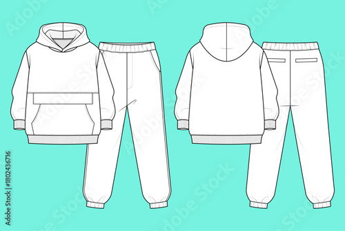 Unisex Oversized Fleece Pullover Hoodie and Joggers Set Technical Flat Sketch Outline