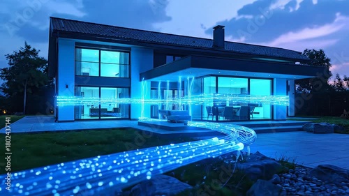 Transparent fiber-optic strands macro-to-wide continuous animation, 8-second cinematic shot