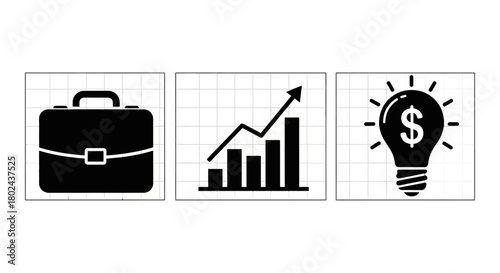 Business growth symbols: briefcase, graph, and dollar lightbulb on grid background