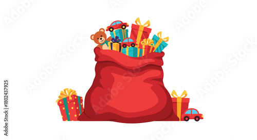 Large red Santa Claus sack completely full and overflowing with beautifully wrapped gifts, presents, and children's toys.