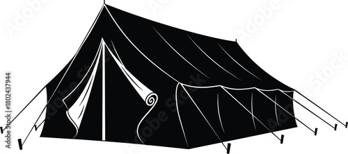 Black and white illustration of a canvas tent with poles and ropes camping shelter