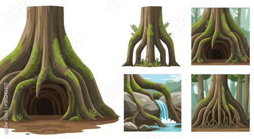 Set of fantasy illustrations depicting ancient, mossy trees with large hollows and intricate root systems in a forest setting.