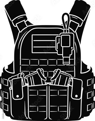Black and white illustration of a tactical vest with pouches and magazines bulletproof armor