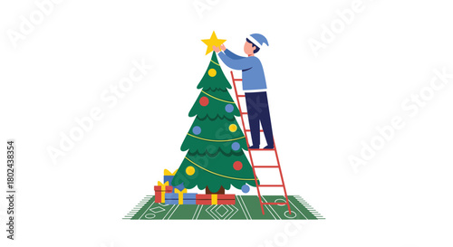 Person standing on a red ladder to place the finishing touch, a bright yellow star, on top of a decorated Christmas tree.