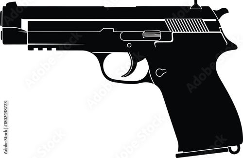 Black silhouette of a handgun with white outlines on a white background pistol firearm