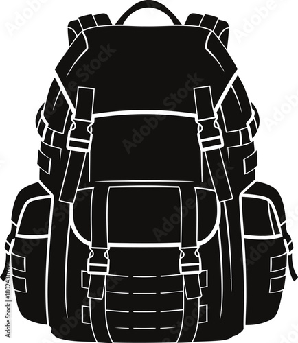 Black silhouette of a hiking backpack with white outlines and straps travel camping