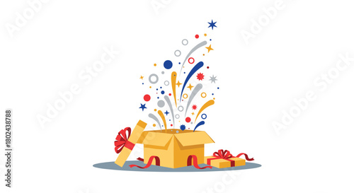 Open gift box exploding with a burst of colorful fireworks, confetti, and stars, symbolizing a joyful surprise or celebration.