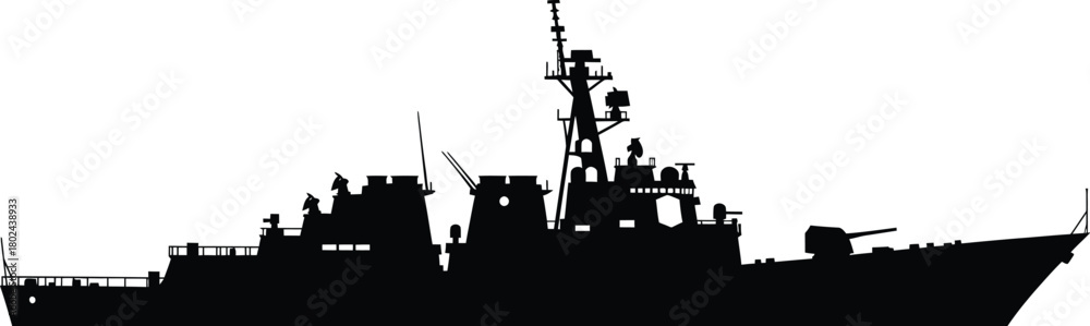 Obraz premium Black silhouette of a modern warship with antennas and gun turrets navy military