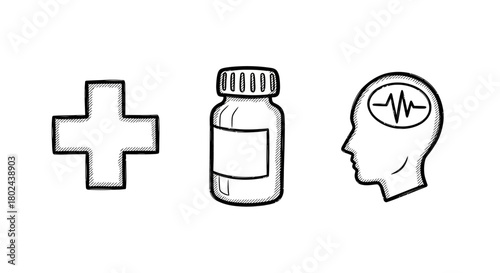 Hand drawn medical symbols: cross, medication bottle, human profile with brainwave