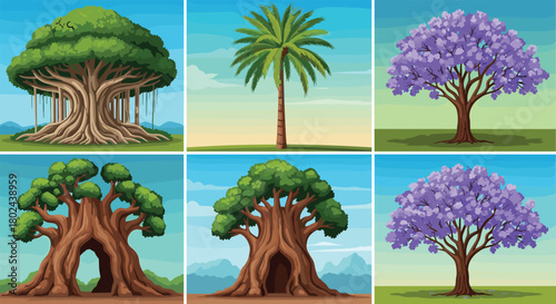 Collection of six different iconic and diverse tree species, including banyan, palm, jacaranda, and baobab tree illustrations.
