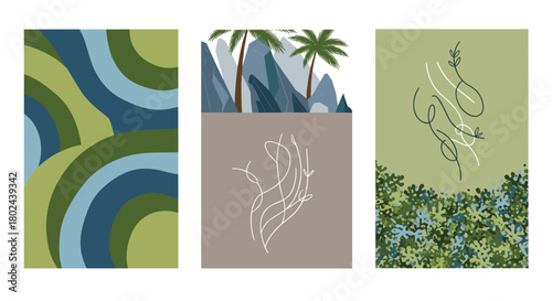 Triptych of modern abstract art posters featuring natural elements like mountains, foliage, and flowing lines in earthy tones.