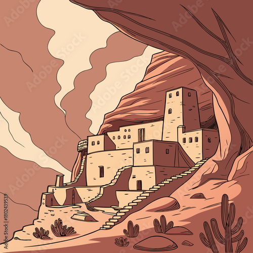Ancient cliff dwelling in a desert canyon