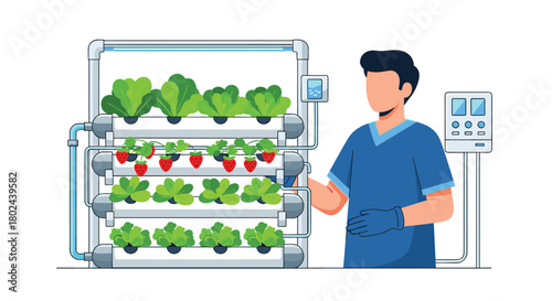 Scientist or farmer monitoring a modern vertical hydroponics system for growing fresh lettuce and strawberries indoors efficiently.