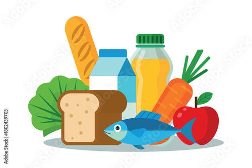 A variety of healthy food items including fish, bread, vegetables, and fruit are displayed.