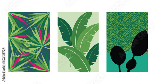 Set of three contemporary wall art posters featuring abstract and minimalist designs of green tropical leaves and foliage.