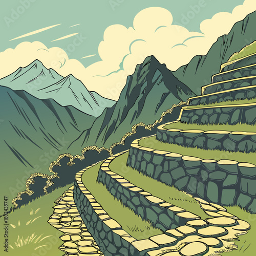 Ancient stone terraces ascend a verdant mountain landscape