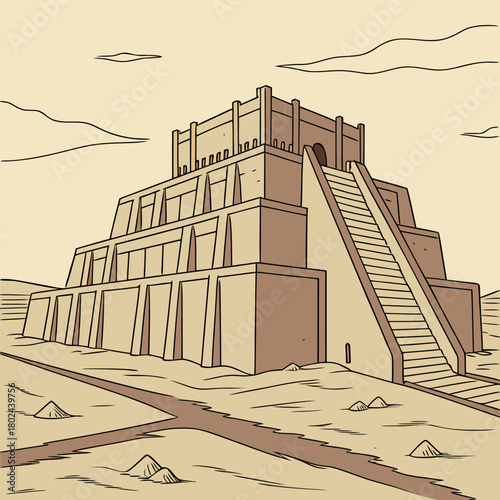 Ancient ziggurat structure in a desert landscape