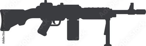 Dark gray silhouette of a machine gun with bipod and magazine weapon military