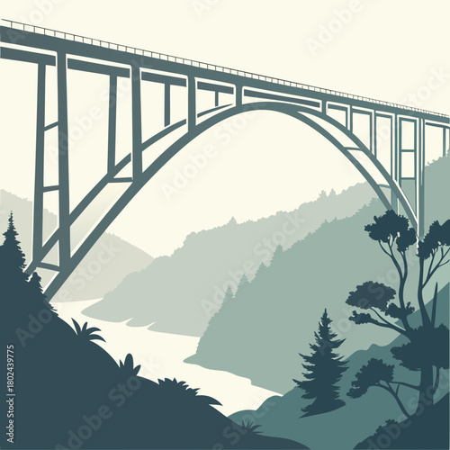Arch bridge spanning a misty river valley with forested hills