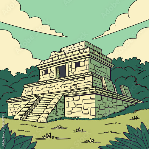 Ancient stone temple in lush green jungle under cloudy sky