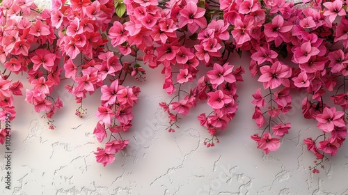 Vibrant bougainvillea flowers drape a textured white wall, highlighting spring's beauty