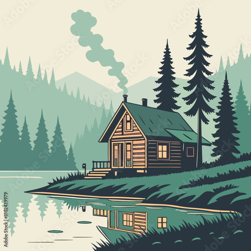 Cozy cabin by the lake in a forested mountain landscape