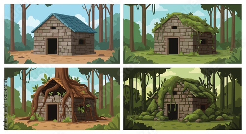 Set of four illustrations showing the life cycle of a stone hut in the jungle, from new to completely overgrown and ruined.
