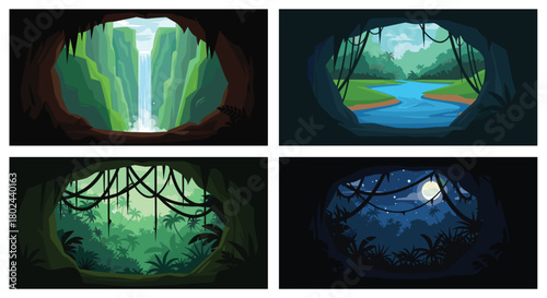 Collection of four scenic views from inside a dark cave looking out onto lush jungle landscapes at different times of day.