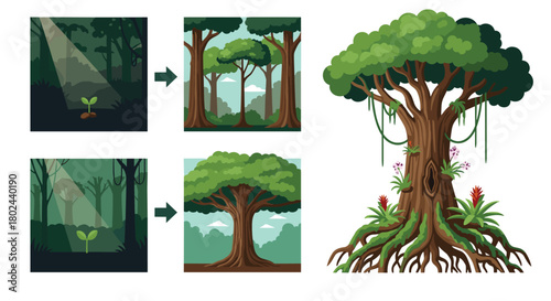 Illustrated stages of a forest tree's life cycle, from a seed sprouting in sunlight to growing into a large, mature tree.