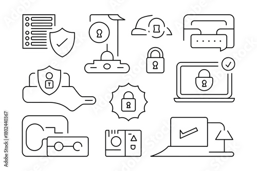 A collection of line art icons representing security and technology concepts.