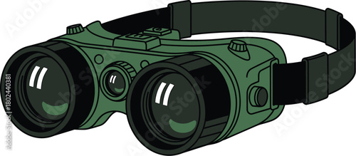 Green binoculars with black strap and lens reflections vector
