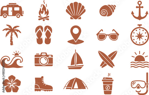 Collection of summer vacation and beach travel icons in warm tones