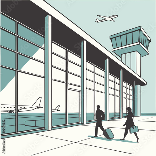 Modern airport terminal with travelers and airplanes