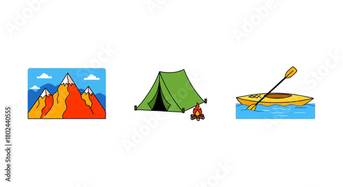 Outdoor adventure: mountains, camping tent, and kayak icons in bold colors