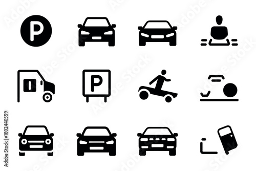 A collection of icons depicts parking symbols, cars, and transportation options.