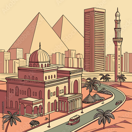 Modern and ancient egyptian cityscape with pyramids and mosque
