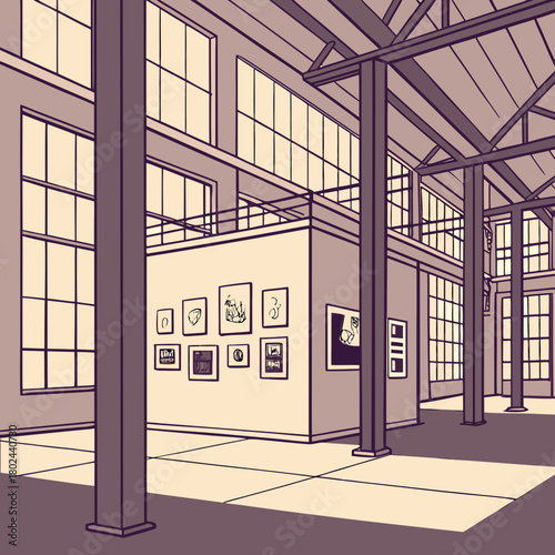 Modern art gallery interior with large windows and artwork displays