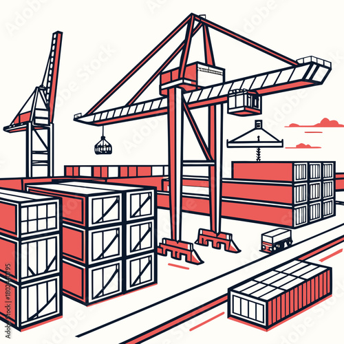 Modern industrial port with cranes and shipping containers