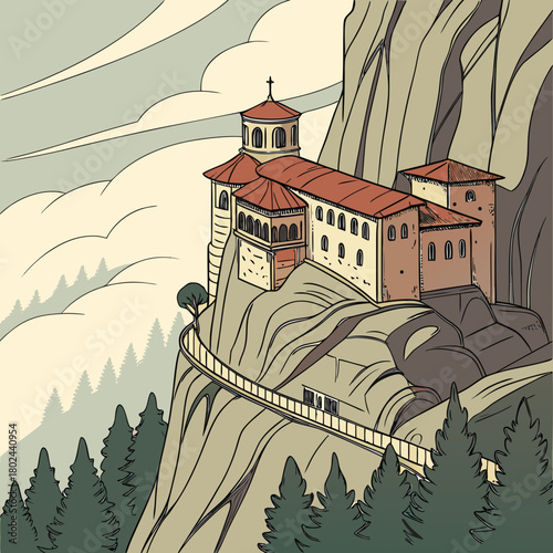 Monastery perched on a steep cliff overlooking a forest