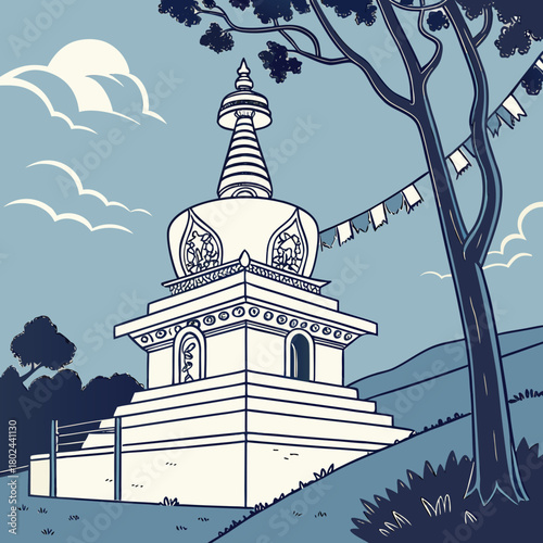 Serene buddhist stupa amidst nature and prayer flags