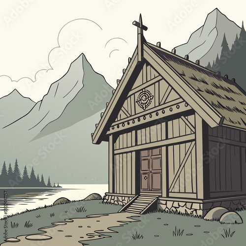Rustic viking hall by a serene mountain lake